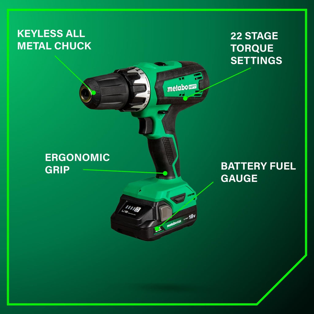 Metabo HPT 18V MultiVolt Cordless Hammer Drill and Impact Driver Combo Kit, Cordless Power Tool Set with 2 Lithium-Ion Batteries and Charger, Lightweight and Ergonomic Design, Carrying Bag, KC18DFX