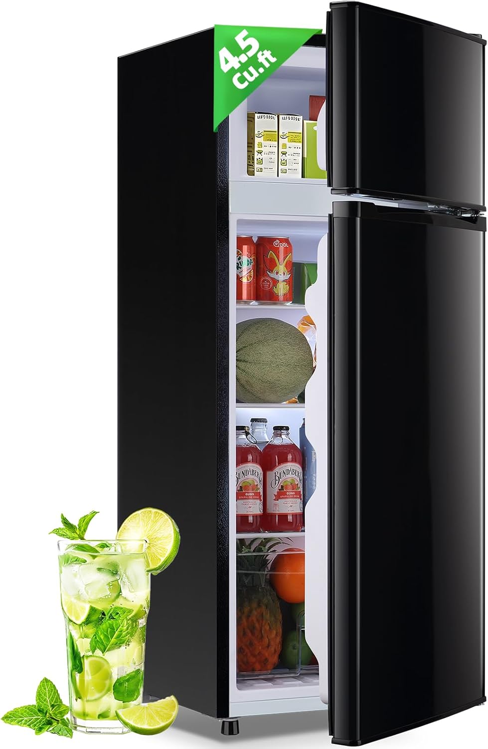 DEMULELR 4.5Cu.ft Small Mini Refrigerator with Freezer Black Two Door Mini Fridge with Crisper Drawer & Extra Drink Space, LED Light, Apartment Size Fridge for Dorm Office 17.5' W x 18.5' D x 43' H