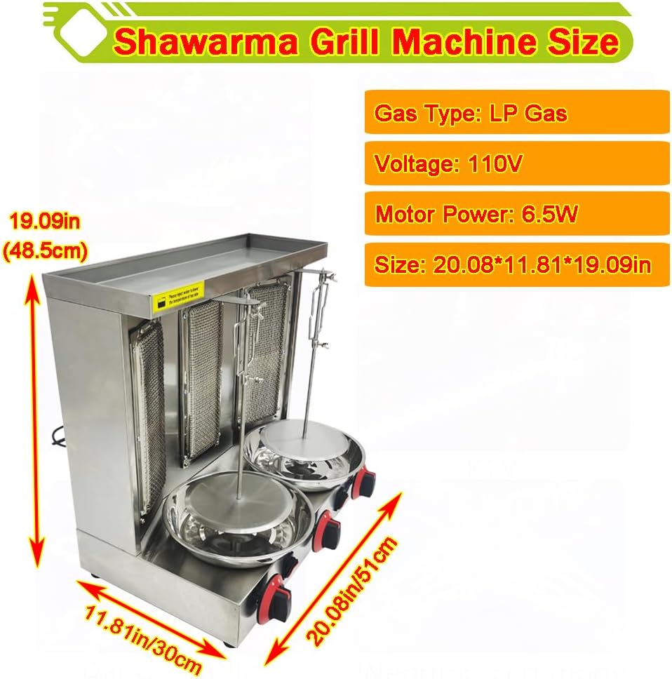 Shawarma Grill Machine LP Gas Turkish Barbecue Shawarma Rotisserie Countertop Rotating Doner Kebab Gyro Grill Oven Vertical Broiler with 3 Burners for Home Kitchen Restaurant Party