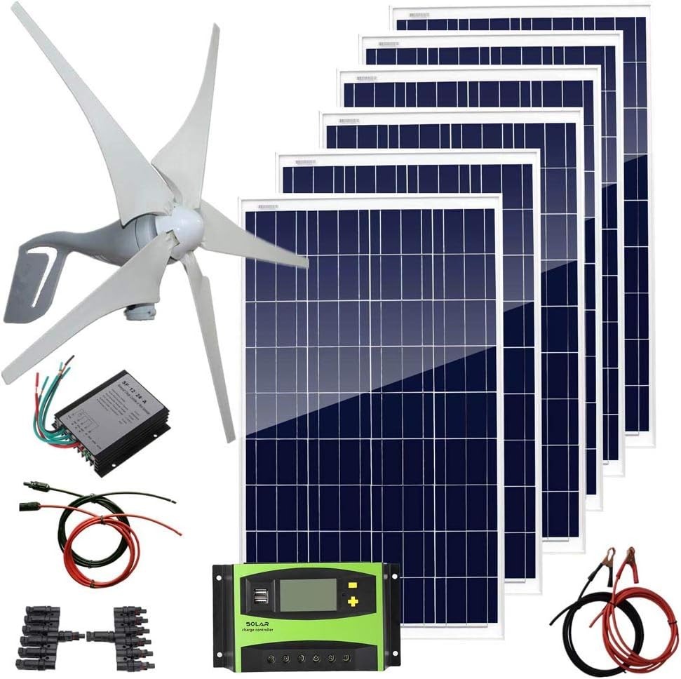 1000 Watts Solar Panel Wind Turbine Hybrid Kit: 6 pcs 100W Solar Panel +400W Wind Turbine Generator for Home House 12V 24V Battery