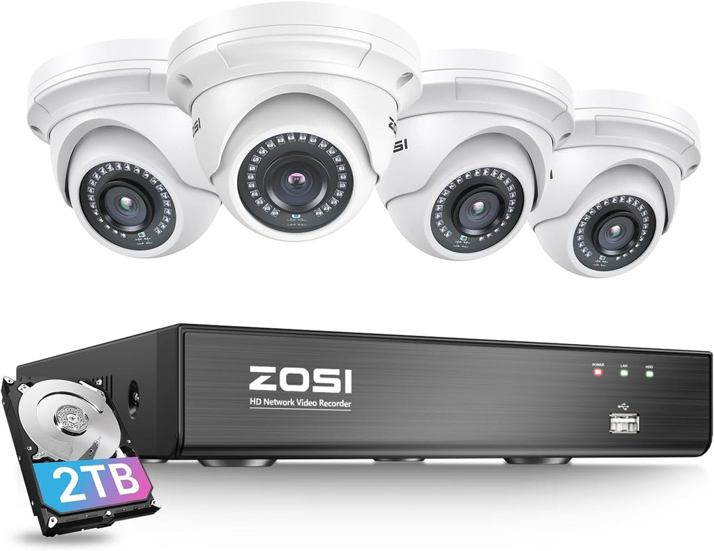 ZOSI 8CH 4K PoE Security Camera System with 2TB Hard Drive,4pcs 3K 5MP Outdoor Indoor PoE IP Dome Cameras,Night Vision,Motion Alert,Remote Access,8 Ports 16CH 8MP NVR Recorder for Home 24/7 Recording