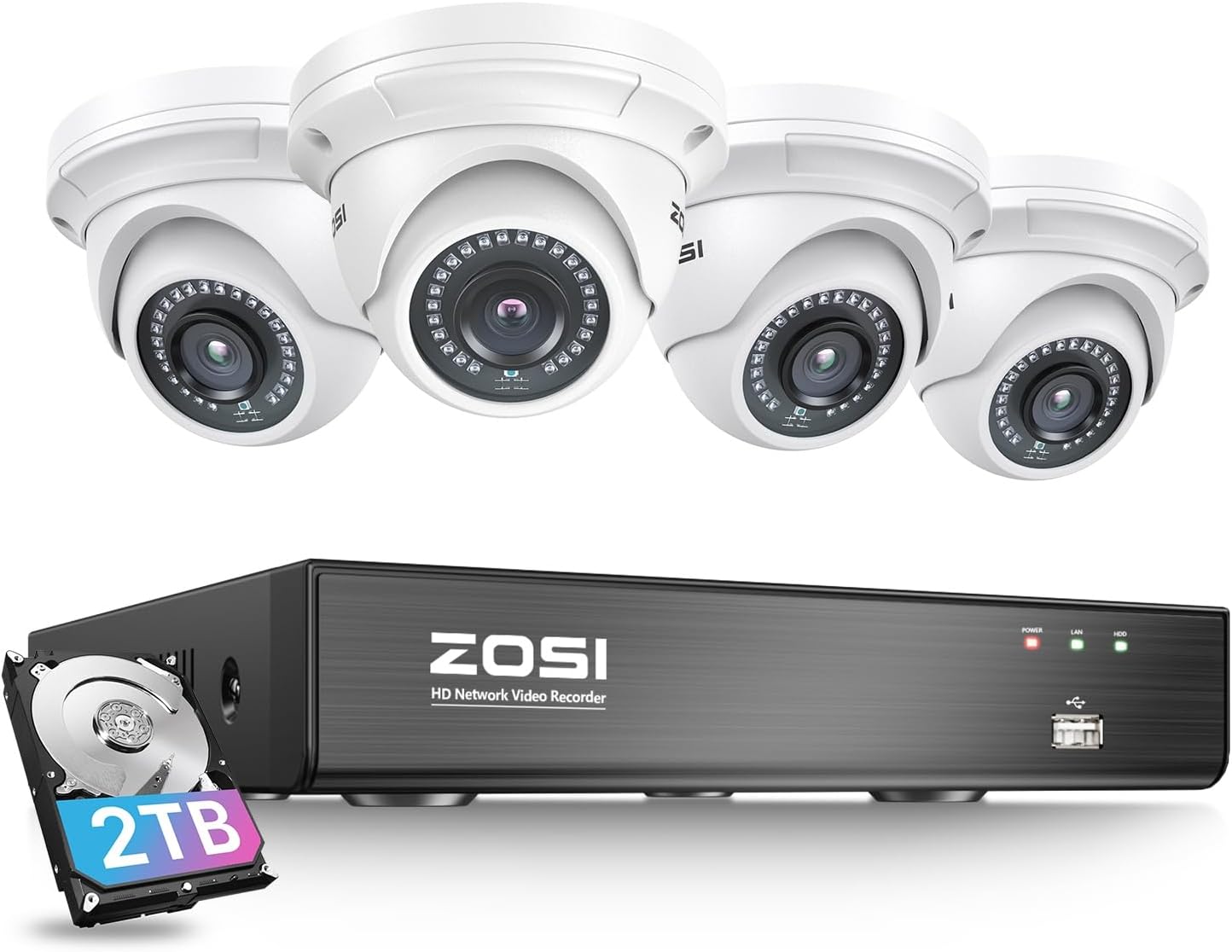 ZOSI 8CH 4K PoE Security Camera System with 2TB Hard Drive,4pcs 3K 5MP Outdoor Indoor PoE IP Dome Cameras,Night Vision,Motion Alert,Remote Access,8 Ports 16CH 8MP NVR Recorder for Home 24/7 Recording
