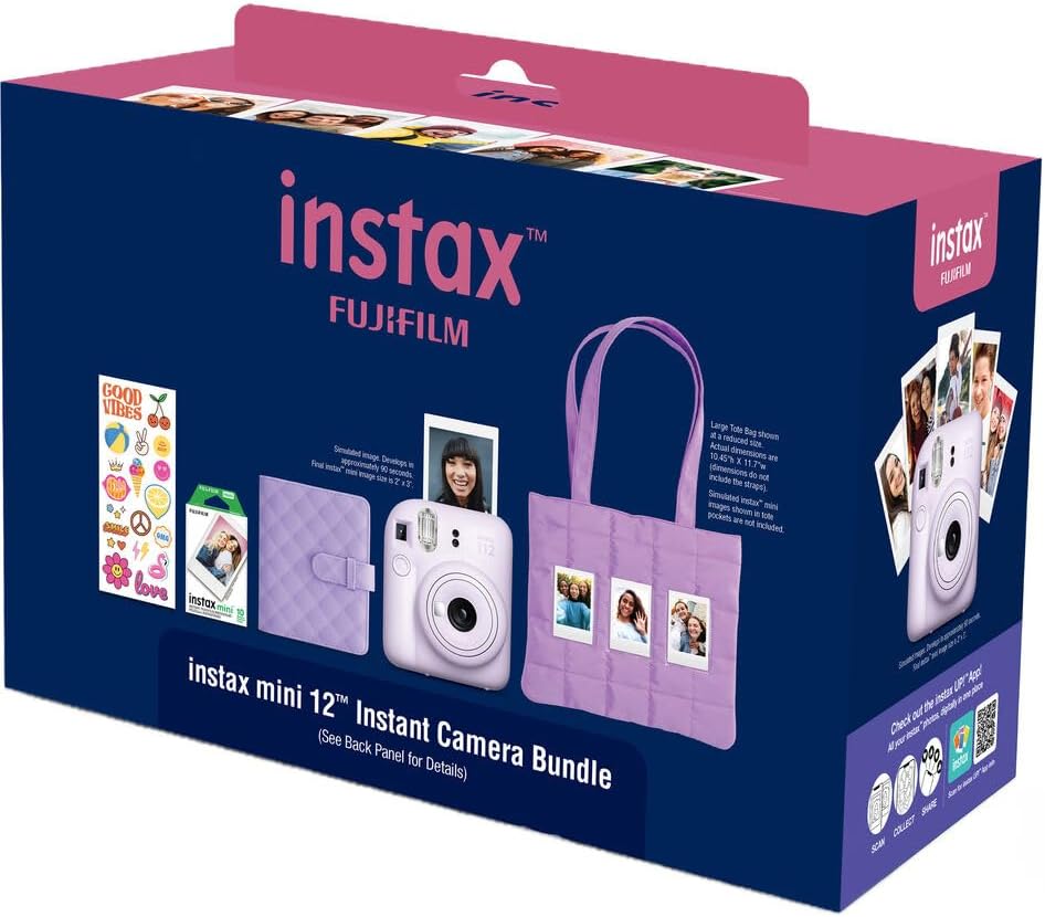 FUJIFILM instax mini 12 Instant Film Camera Holiday Bundle (Lilac Purple) with 4 x Instax Mini Instant Film - Foil Pack, Self Adhesive Cloth, and Ansmann X-Power AA 4-Pack Battery