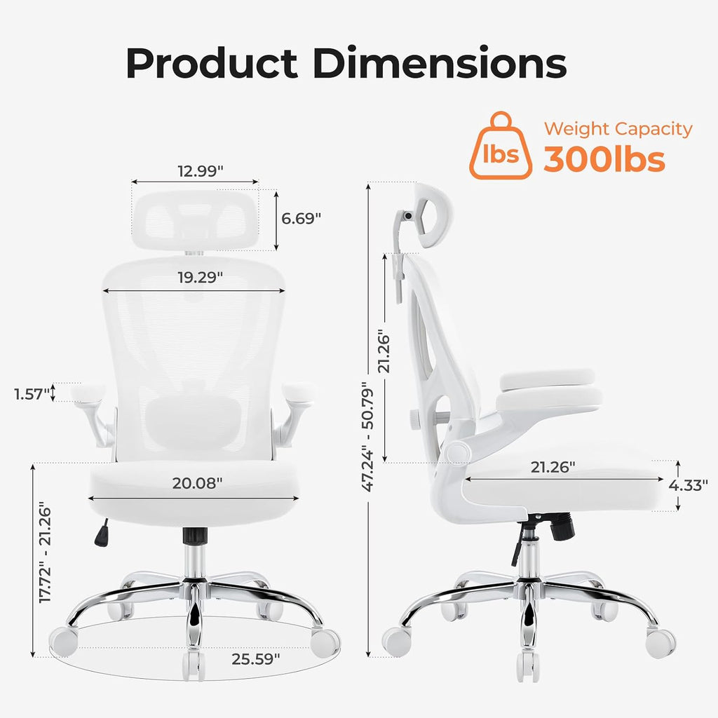 Office Chair Ergonomic Office Chair with Lumbar Support, Head Support, Rocking Function, FLIP-up Armrests, Mesh High Back Chair Home Office Desk Chair, Suitable for Home, Office, White