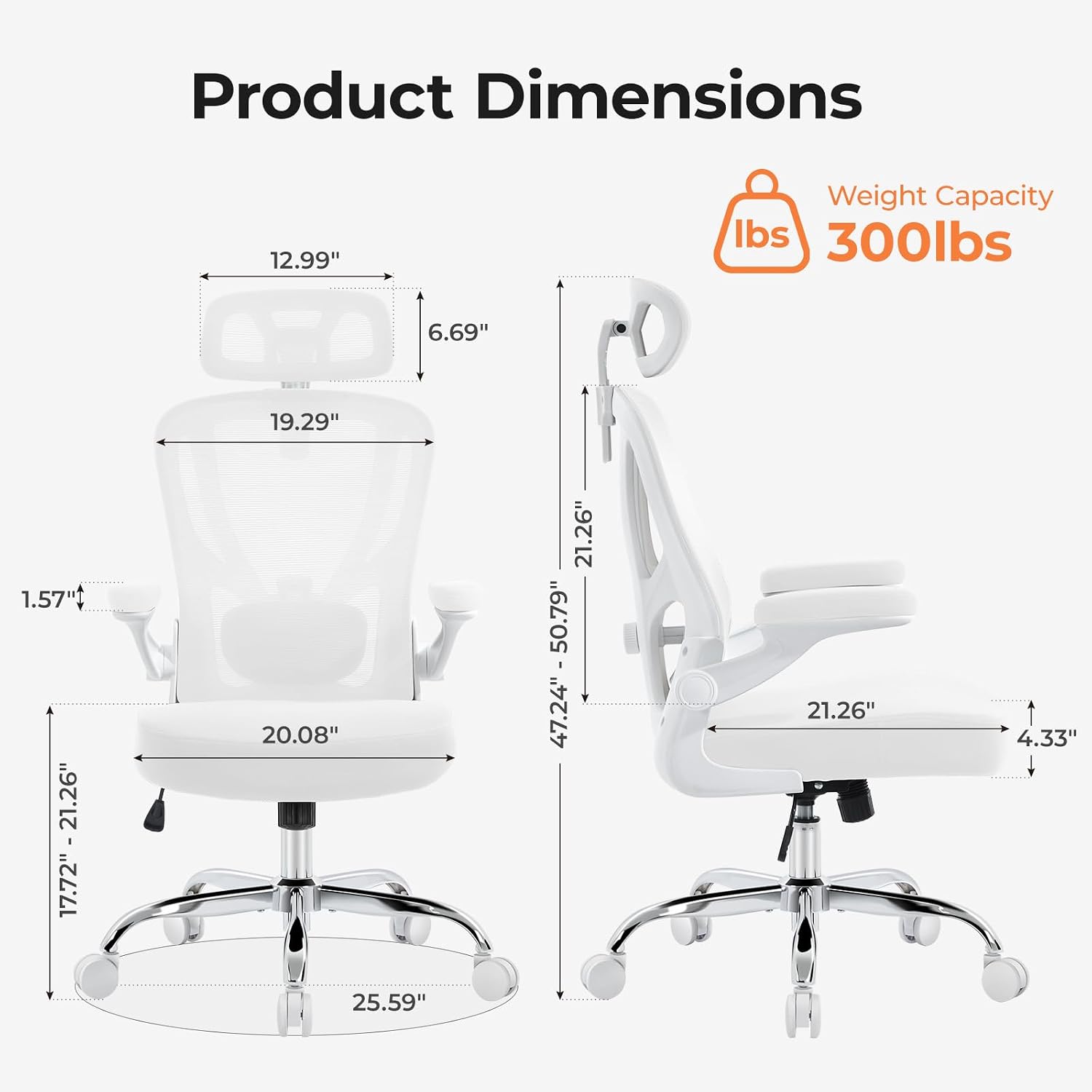 Office Chair Ergonomic Office Chair with Lumbar Support, Head Support, Rocking Function, FLIP-up Armrests, Mesh High Back Chair Home Office Desk Chair, Suitable for Home, Office, White