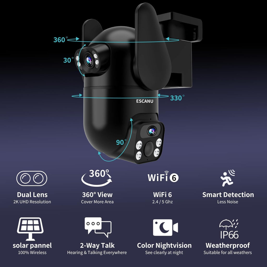 ESCANU Wireless Home Security Cameras System,Solar Power PTZ Outdoor Cameras,Motion Detection,Night Vision,Water-Proof,2-Way Audio,No Subscription Fee,Cloud/SD Card Storage