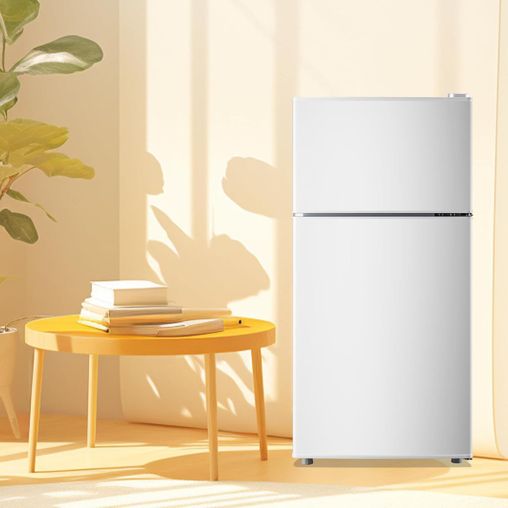DEMULLER Retro Mini Fridge with Freezer Dual Door Apartment Size Small Refrigerator with Egg Tray, Dorm Fridge with Removable Plastic Shelves, 2.4Cu.ft, 14.96' D x 14.57' W x 30.8' H, White