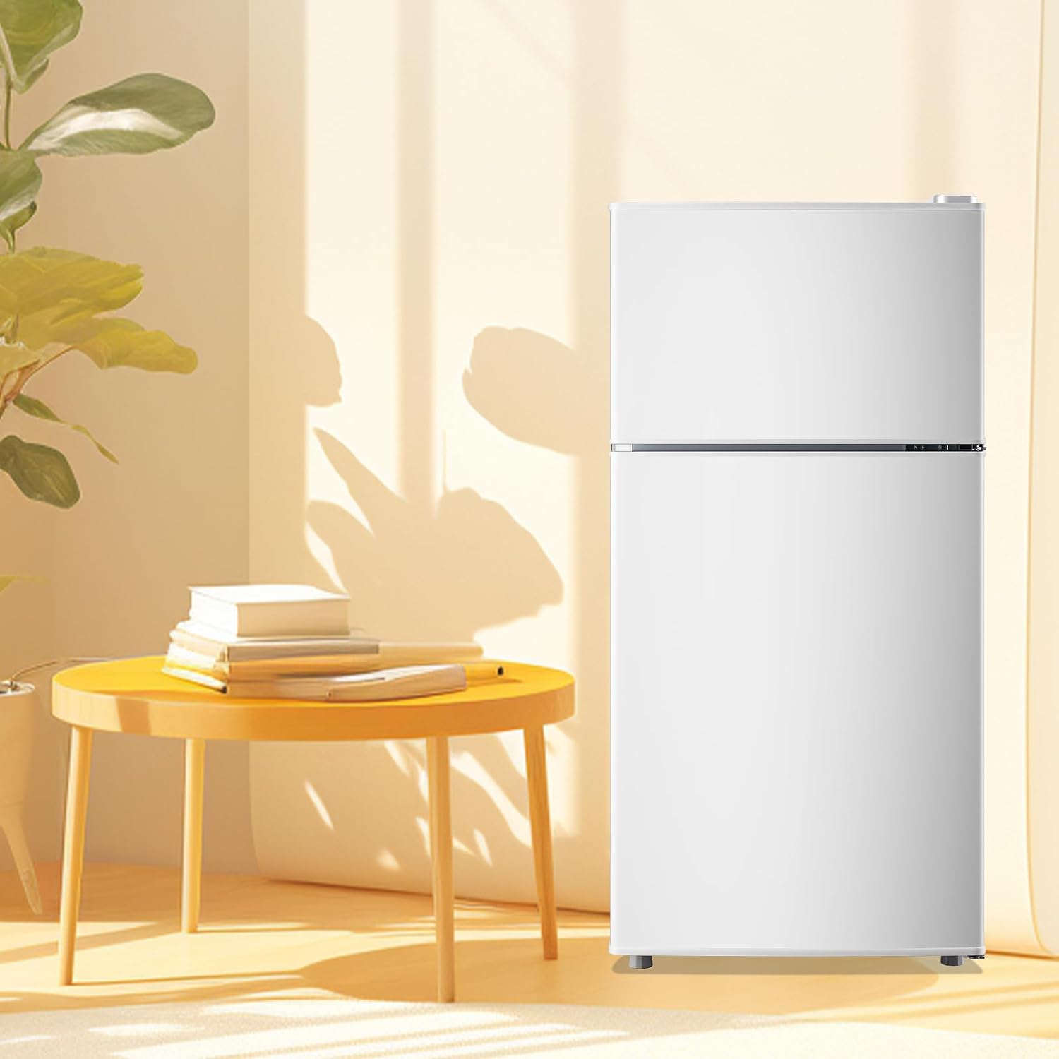 DEMULLER Retro Mini Fridge with Freezer Dual Door Apartment Size Small Refrigerator with Egg Tray, Dorm Fridge with Removable Plastic Shelves, 2.4Cu.ft, 14.96' D x 14.57' W x 30.8' H, White
