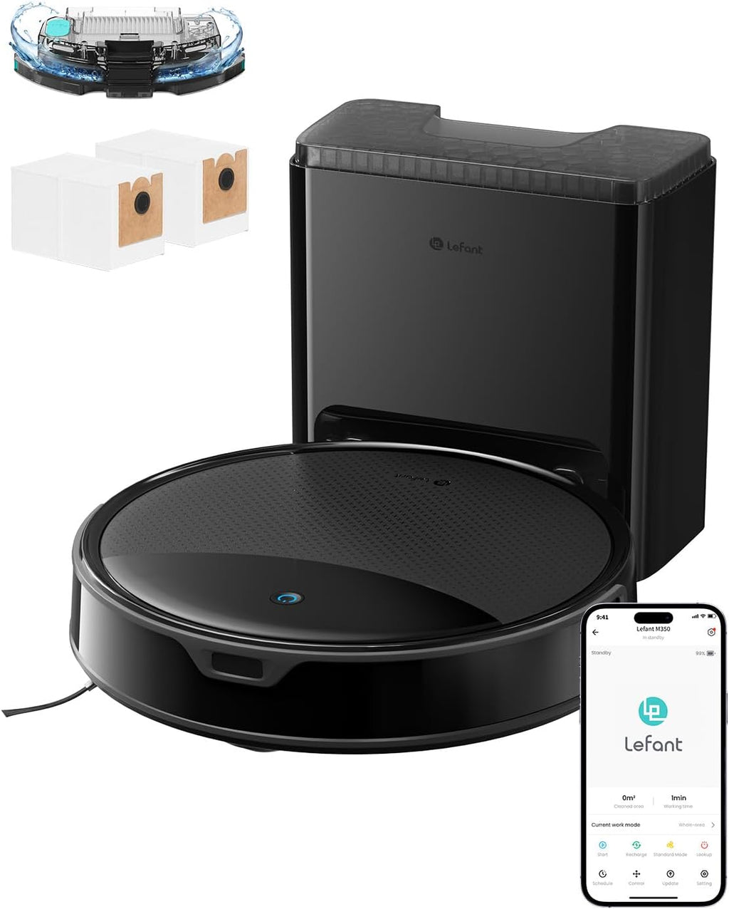 Lefant M350 Max Robot Vacuum and Mop,10000Pa Powerful Suction,75-Day Self-Emptying,240 Min Runtime,2.4G WiFi/Alexa/APP Control, Precision Mapping,Carpet & Hard Floors,Black