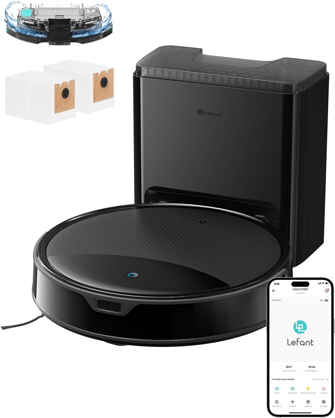 Lefant M350 Max Robot Vacuum and Mop,10000Pa Powerful Suction,75-Day Self-Emptying,240 Min Runtime,2.4G WiFi/Alexa/APP Control, Precision Mapping,Carpet & Hard Floors,Black