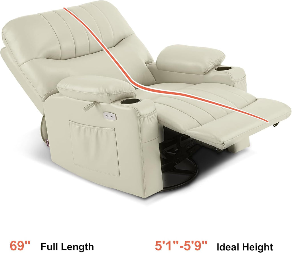 MCombo Oversized Swivel Glider Rocker Power Recliner Chair for Living Room with Heat and Vibration Massage, USB Ports, Cup Holders and Pockets, Faux Leather 7785 (Milk White)
