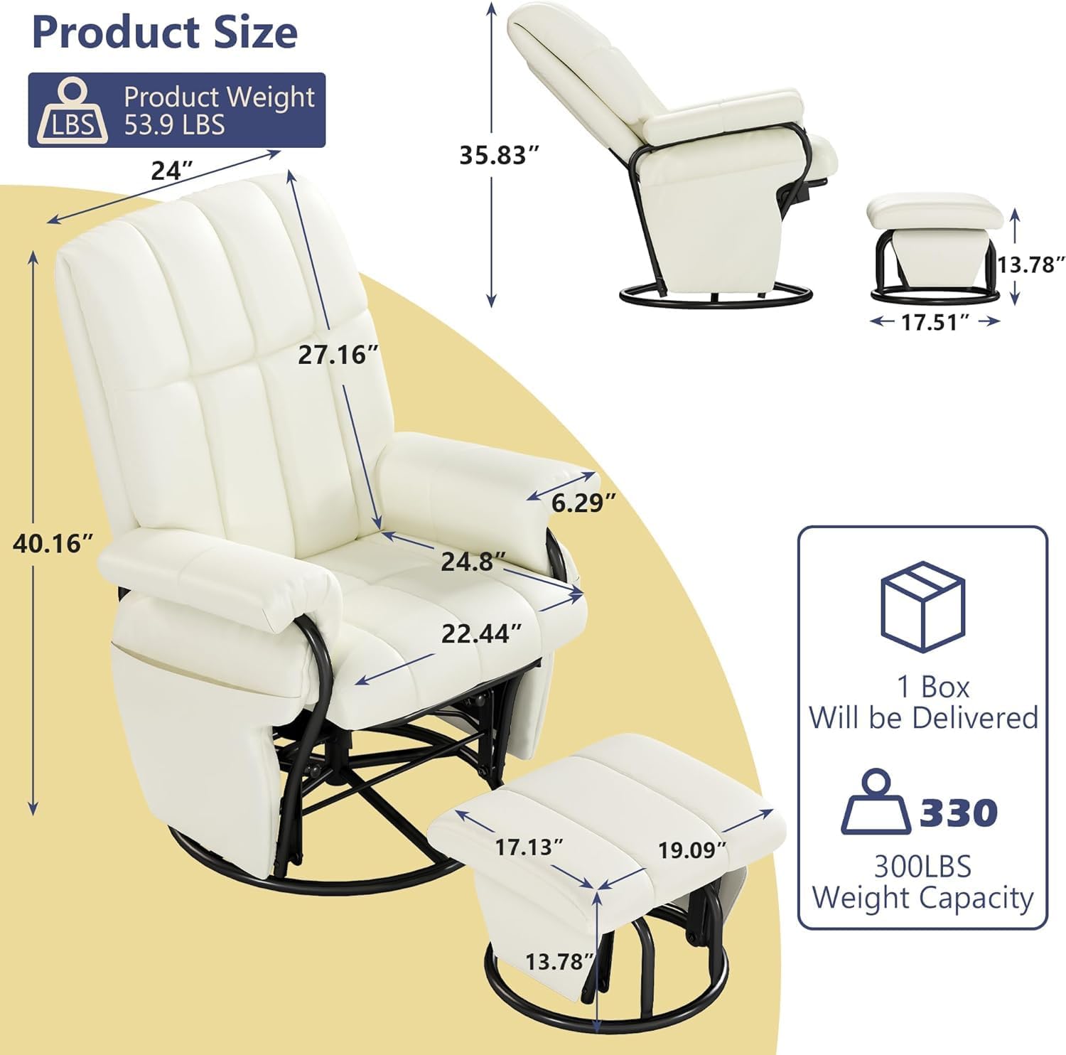 AODAILIHB 360° Swivel Glider Recliner with Ottoman, Nursing Glider Rocking Chair with Foot Rest & 2 Side Pockets for Nursery, Living Room, Bedroom, Office, White
