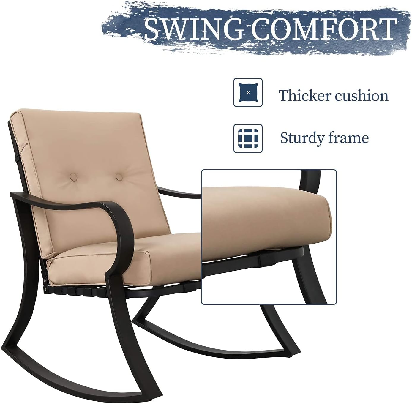 Oakcloud Oakmont Outdoor Furniture 3 Piece Conversation Bistro Set Rocking Chairs and Glass Top Table, Thick Cushions, Black Steel (Brown)