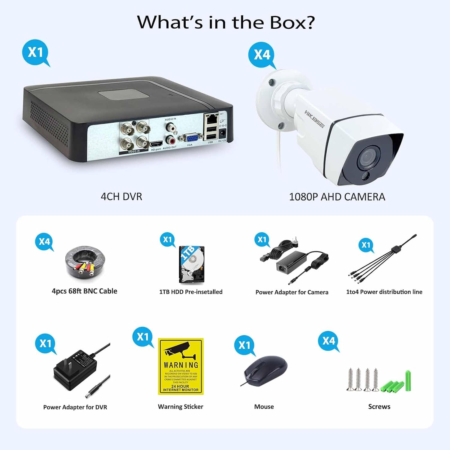 1080P H.265+ Home Security Camera System with 1TB Hard Drive，5MP 3K Lite 4 Channel CCTV DVR Recorder and 4 x 1080p Surveillance Bullet Camera Outdoor Indoor