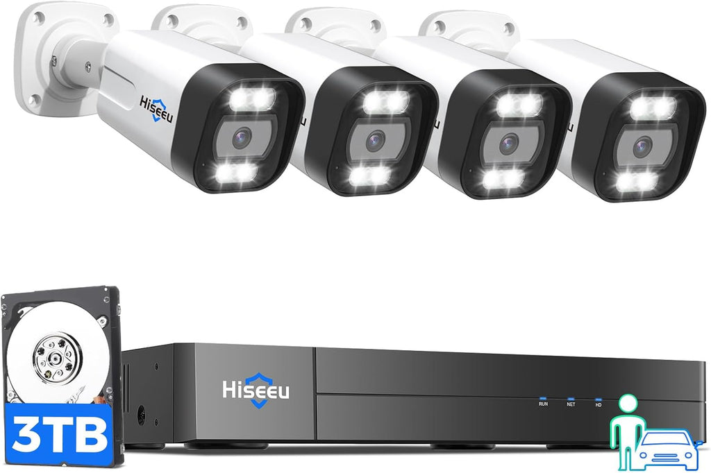 [3TB HDD] Hiseeu 4K PoE Security Camera System, 4 Pcs 5MP PoE IP Security Camera Outdoor Indoor, Human Vehicle Detect, 2 Way Audio, Color Night Vision, IP 66 Waterproof, 0 Monthly Fees, Remote Access