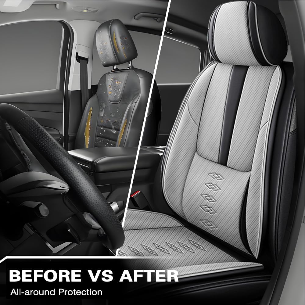 Car Seat Covers for Grand Cherokee L,for Jeep Grand Cherokee L 2021-2024,Leather Full Set Seat Covers,Airbag-Compatible Car Seat Protectors,Waterproof Seat Cover for Cars(Black+Gray,5PCS/With Pillows)