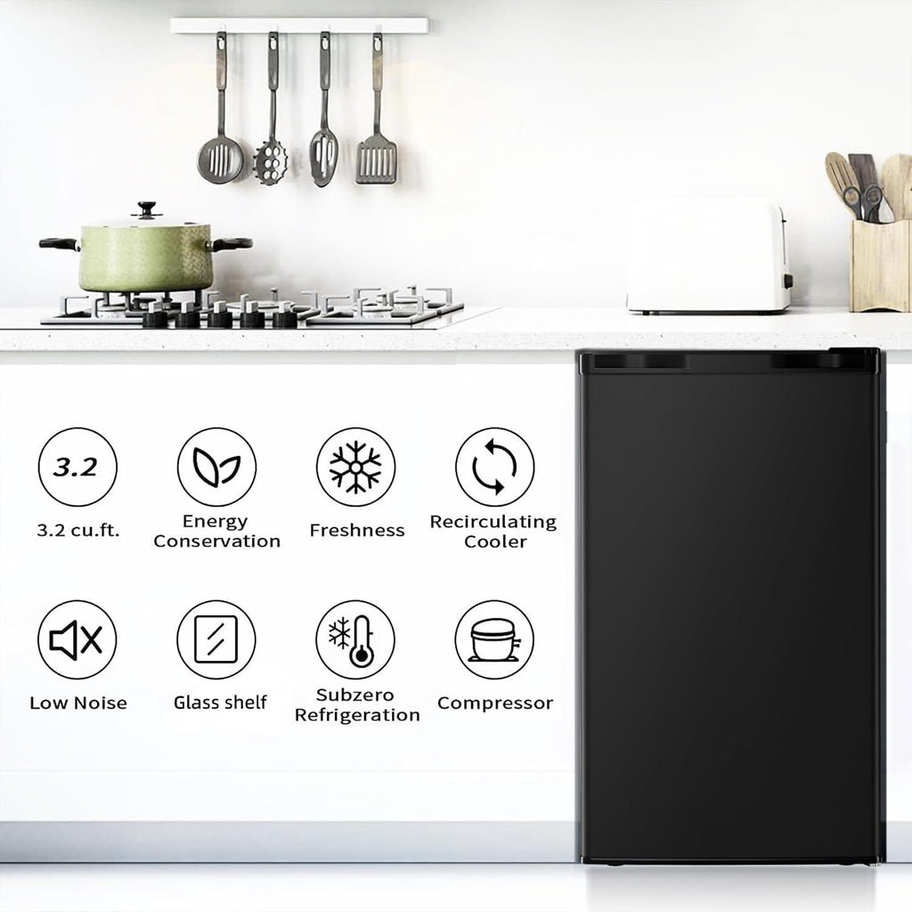 Antarctic Star Mini Compact Refrigerator with Freezer, 3.2 Cu.Ft. Single Door with Adjustable Thermostat,Removable Glass Shelves for Apartment/Dorm/Office,BLACK