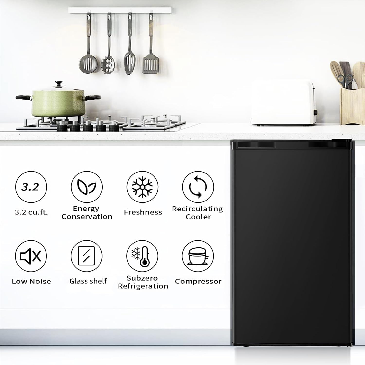 Antarctic Star Mini Compact Refrigerator with Freezer, 3.2 Cu.Ft. Single Door with Adjustable Thermostat,Removable Glass Shelves for Apartment/Dorm/Office,BLACK