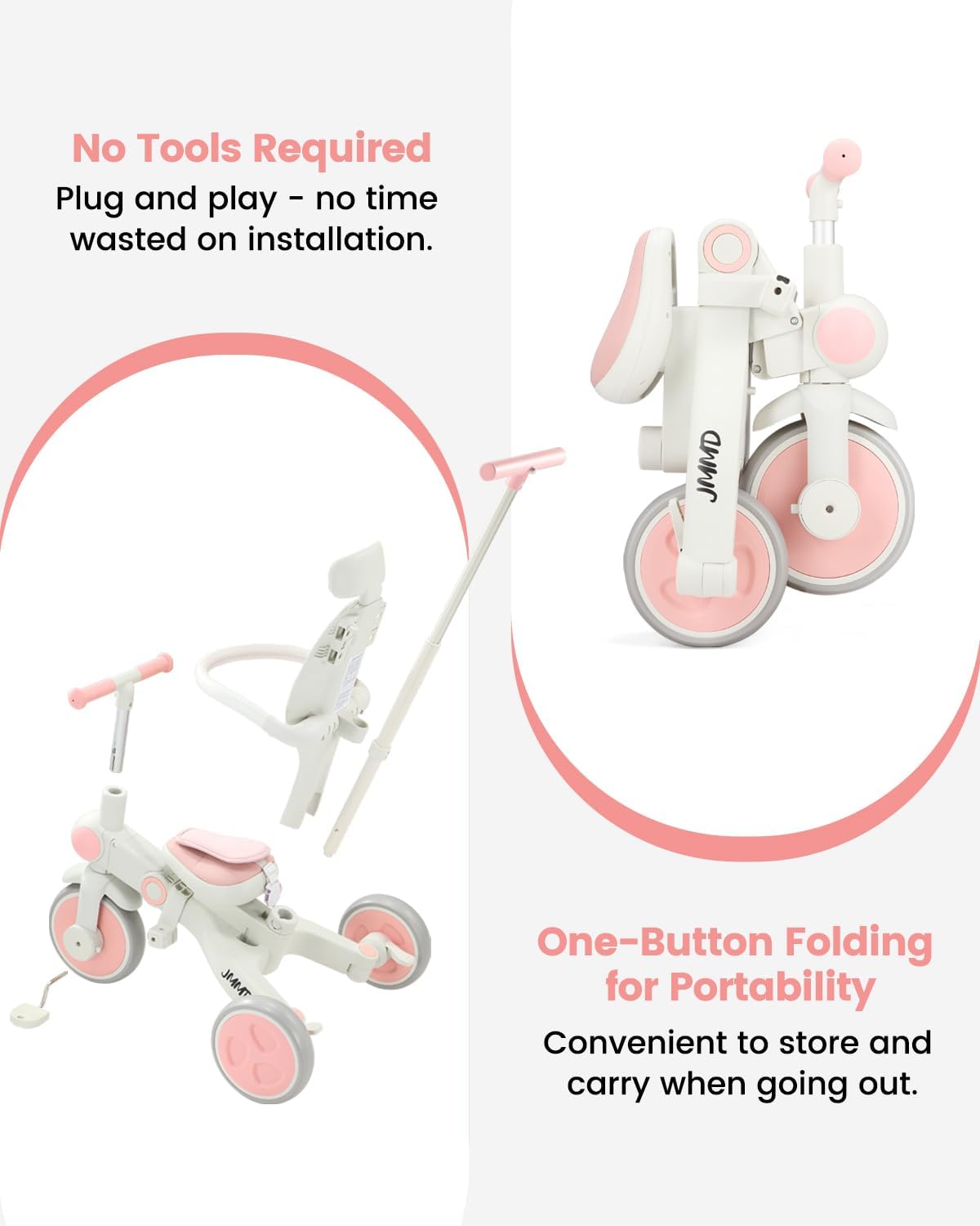 JMMD Baby Tricycle, 7-in-1 Foldable Kids Trike with Adjustable Parent Handle, Safety Harness & Wheel Brakes, Removable Canopy, Stroll Trike for Boys & Girls Ages 18 Months-5 Years, Pink