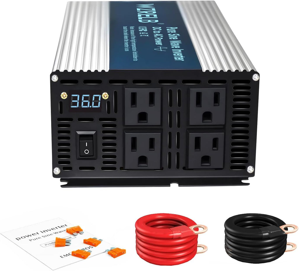 WZRELB 1800W Pure Sine Wave Inverter 24V DC to 110V 120V AC Power Converter with LED Display, Off-Grid Portable Power Inverter with 4 AC Outlets for Home, RV, Truck, Camping