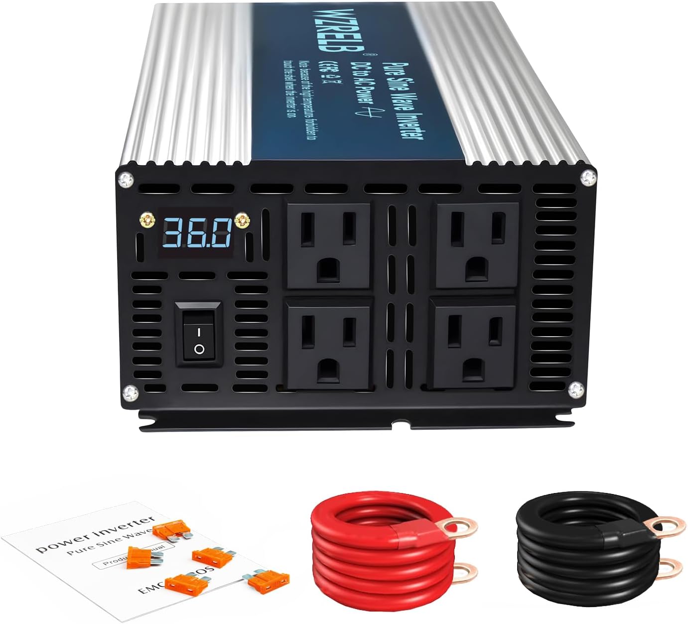 WZRELB 1800W Pure Sine Wave Inverter 24V DC to 110V 120V AC Power Converter with LED Display, Off-Grid Portable Power Inverter with 4 AC Outlets for Home, RV, Truck, Camping