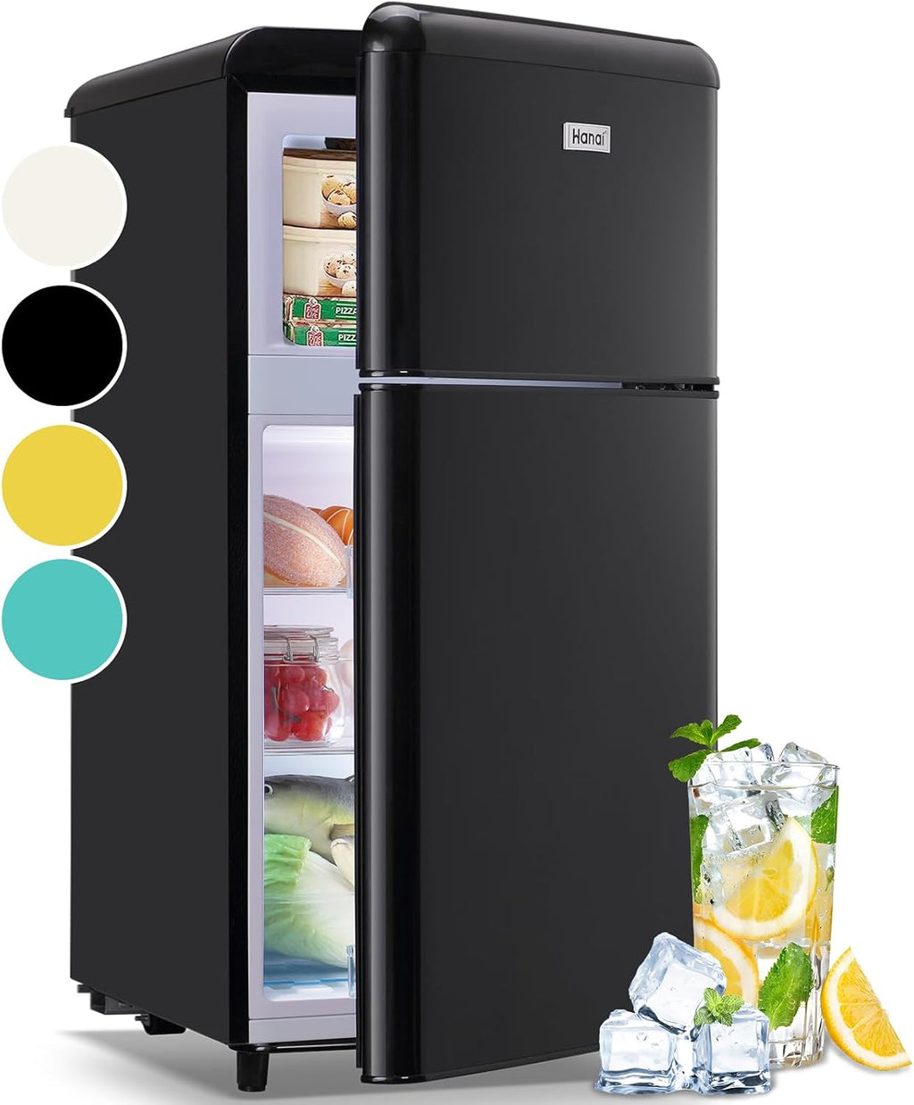 WANAI 3.5 Cu.ft Retro Mini Fridge with Freezer Compact Refrigerators Black Small Fridge Dual Door Classic Refrigerator Removable Glass Shelves Adjustable Thermostat for Home Office Dorm RV
