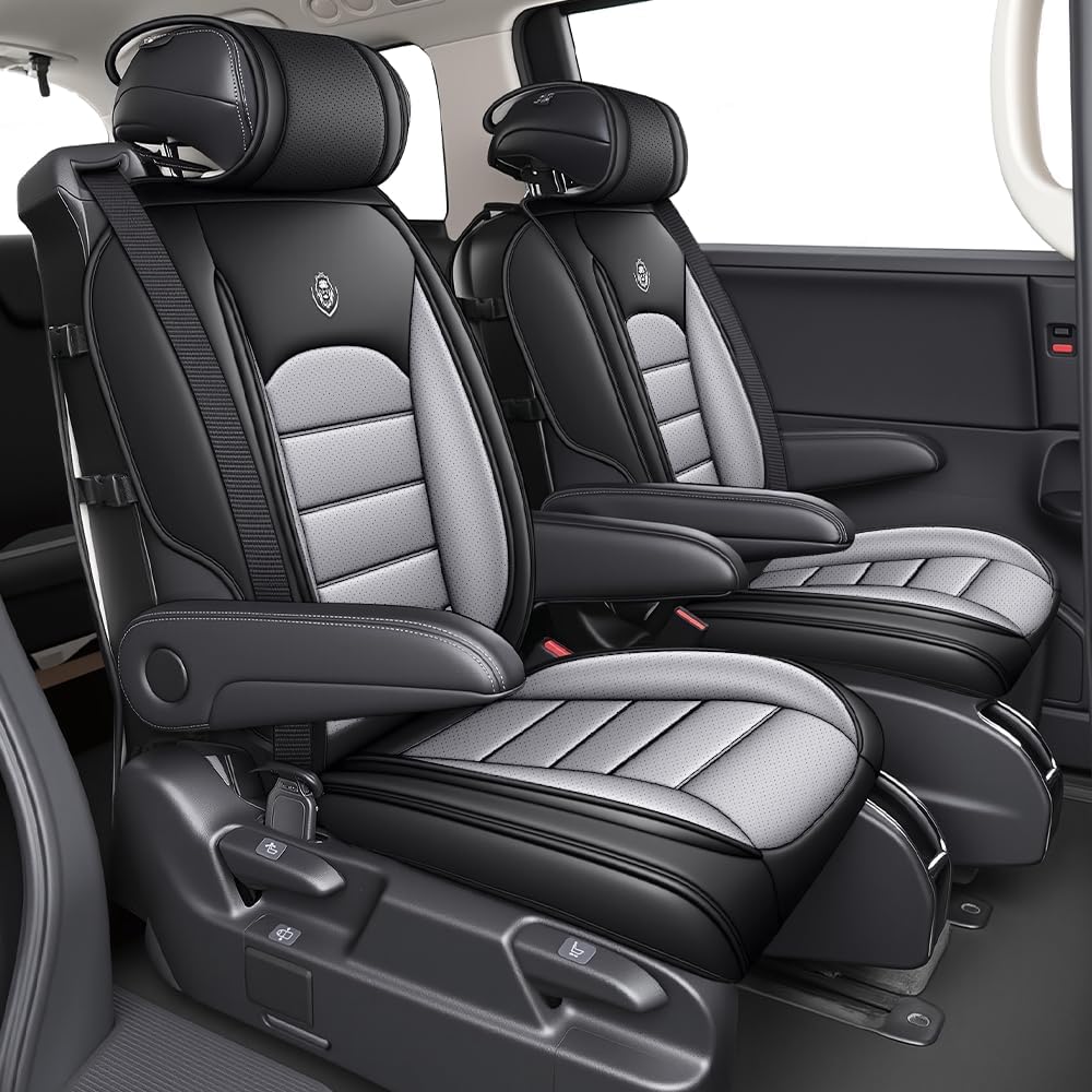 JOJ Car Seat Cover for Chrysler Town & Country Seat Covers for Cars 2010-2016,Leather Waterproof Car Seat Covers Full Set,All Weather Tech Car Seat Protector,7 Seats Black Gray