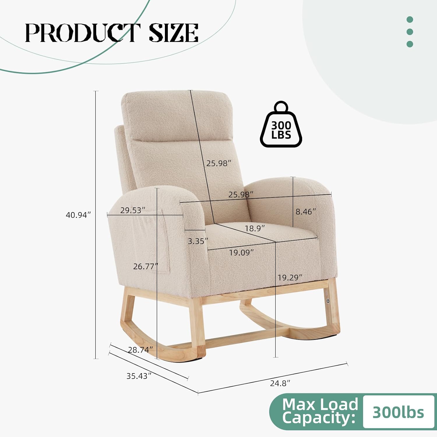 Nursery Rocking Chair, Comfy Modern Glider Rocking Chair with High Backrest and Armrest, Teddy Upholstered Rocking Accent Chair with Side Pockets for Living Room, Bedroom, Office,Beige