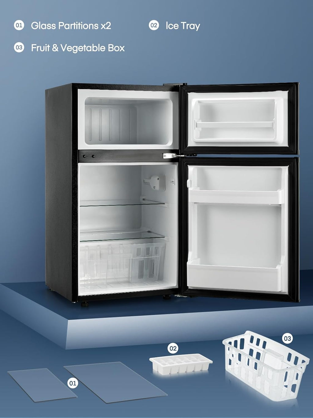 Mini Fridge with Freezer for Bedroom, 3.1 Cu.ft Double Doors Small Refrigerator with Ice Tray, Removable Shelves, Temperature Control Mini Refrigerator for Dorm and Office