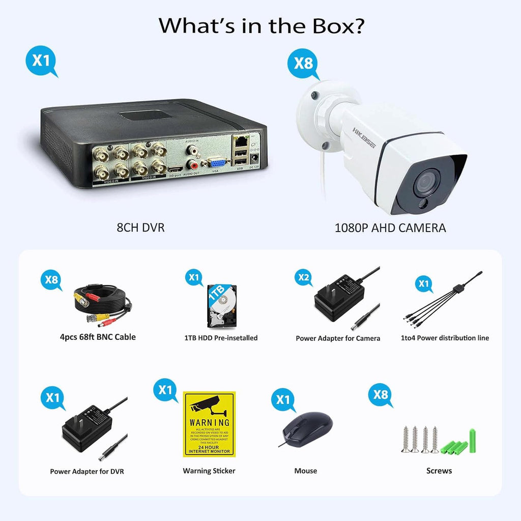 8CH Home Wired Security Camera System with 1TB Hard Drive, 8Channel 5MP H.265+ 5-in-1 DVR System, 8 x 1080p Metal Weatherproof Surveillance Wired Cams, 80ft Night Vision, Remote Access