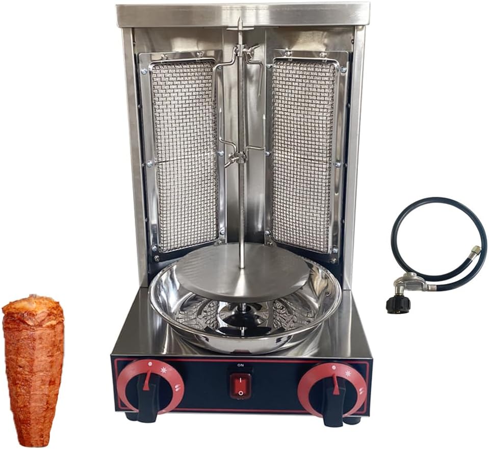 Shawarma Grill Machine Vertical Broiler LP Gas Turkish Barbecue Shawarma Rotisserie Countertop Rotating Doner Kebab Gyro Grill Oven with 2 Burners for Home Kitchen Restaurant Party