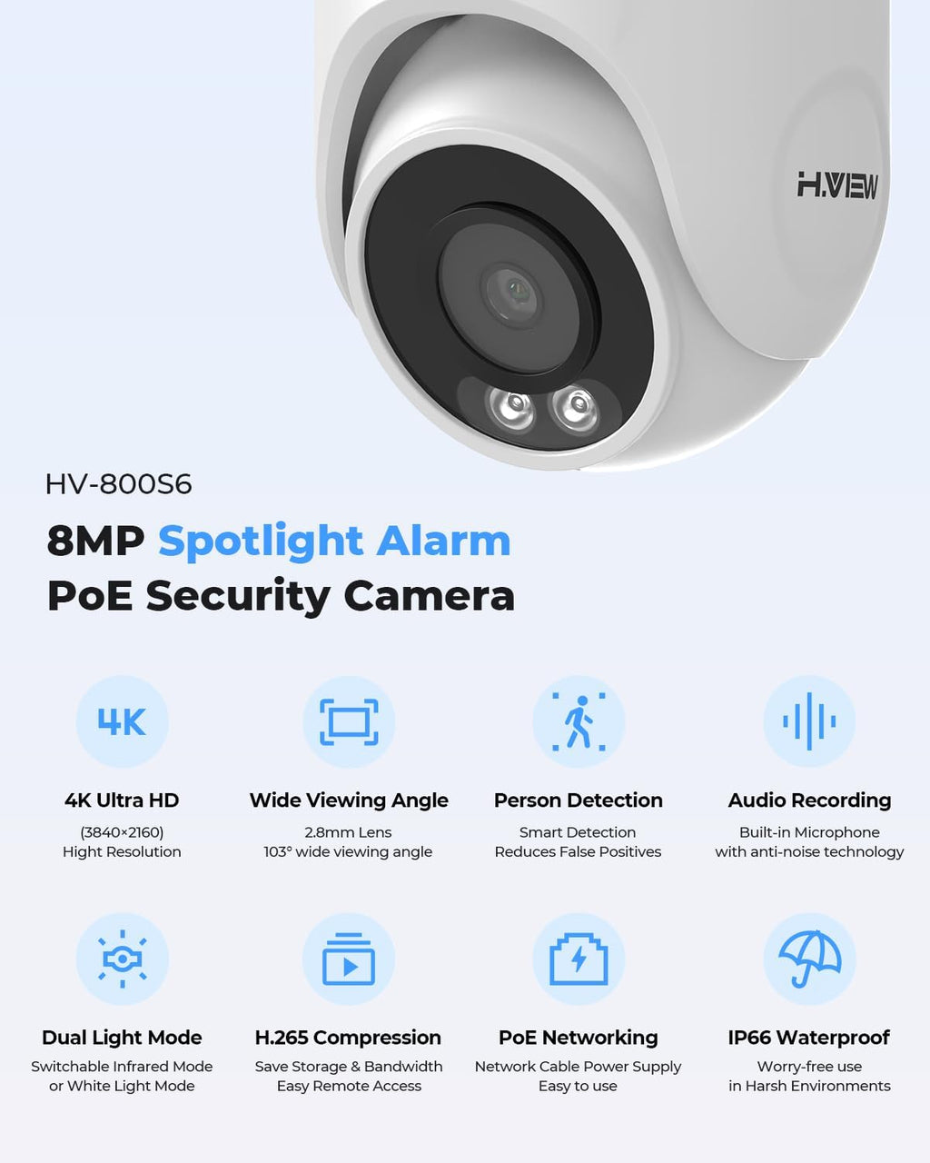 H.VIEW 8MP Security Camera System 4TB HDD, 8pcs POE Security Camera System 4k Outdoor, 8X 8MP Wired Outdoor IP Cameras with Two-Way Audio, Human AI Detection, Cameras System for Home Security
