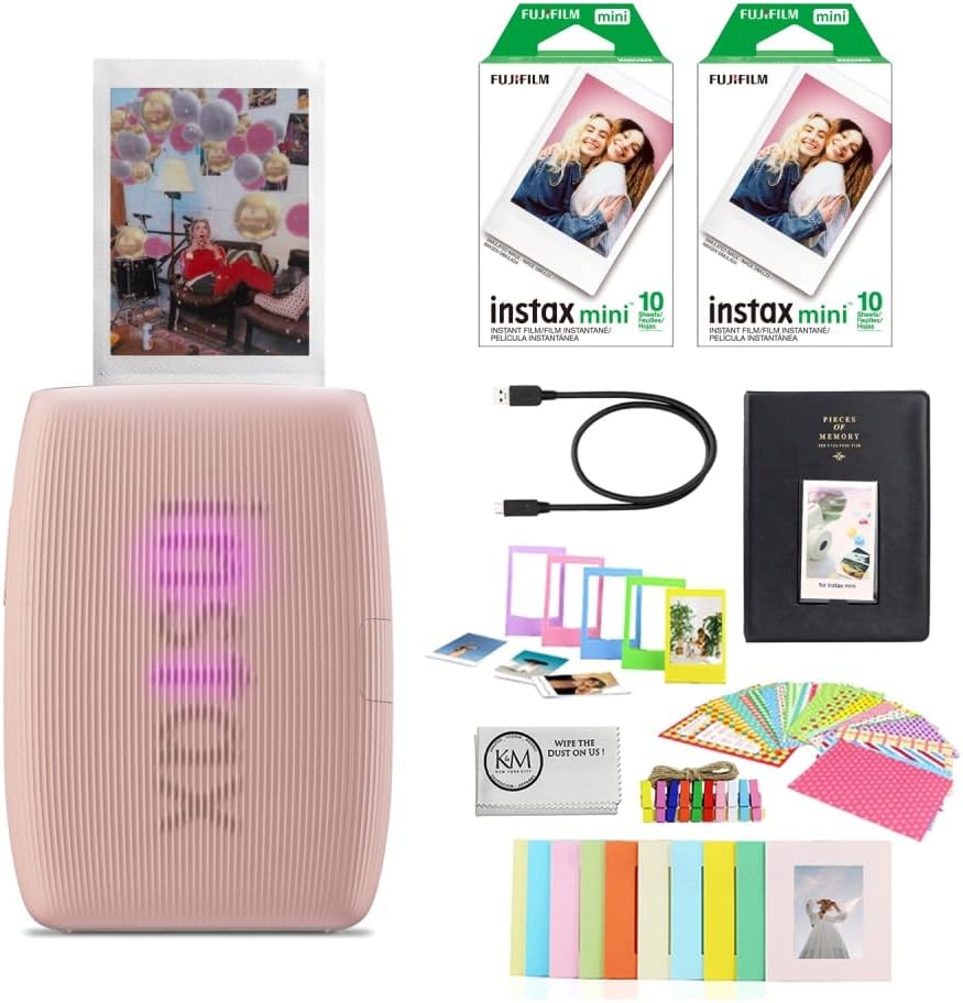 Fujifilm INSTAX Mini Link 3 Smartphone Printer | Rose Pink Bundled with INSTAX Mini Instant Film | 20 Exposures + Instax Mini Album, Borders, Stickers & Clips + Microfiber Cleaning Cloth (4 Items)