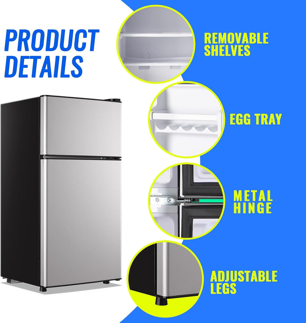 Small Fridge with Freezer Small Refrigerator 2.4 Cu.ft Fridge Dual Door Apartment Size for Personal Senven Temp Gear Silver
