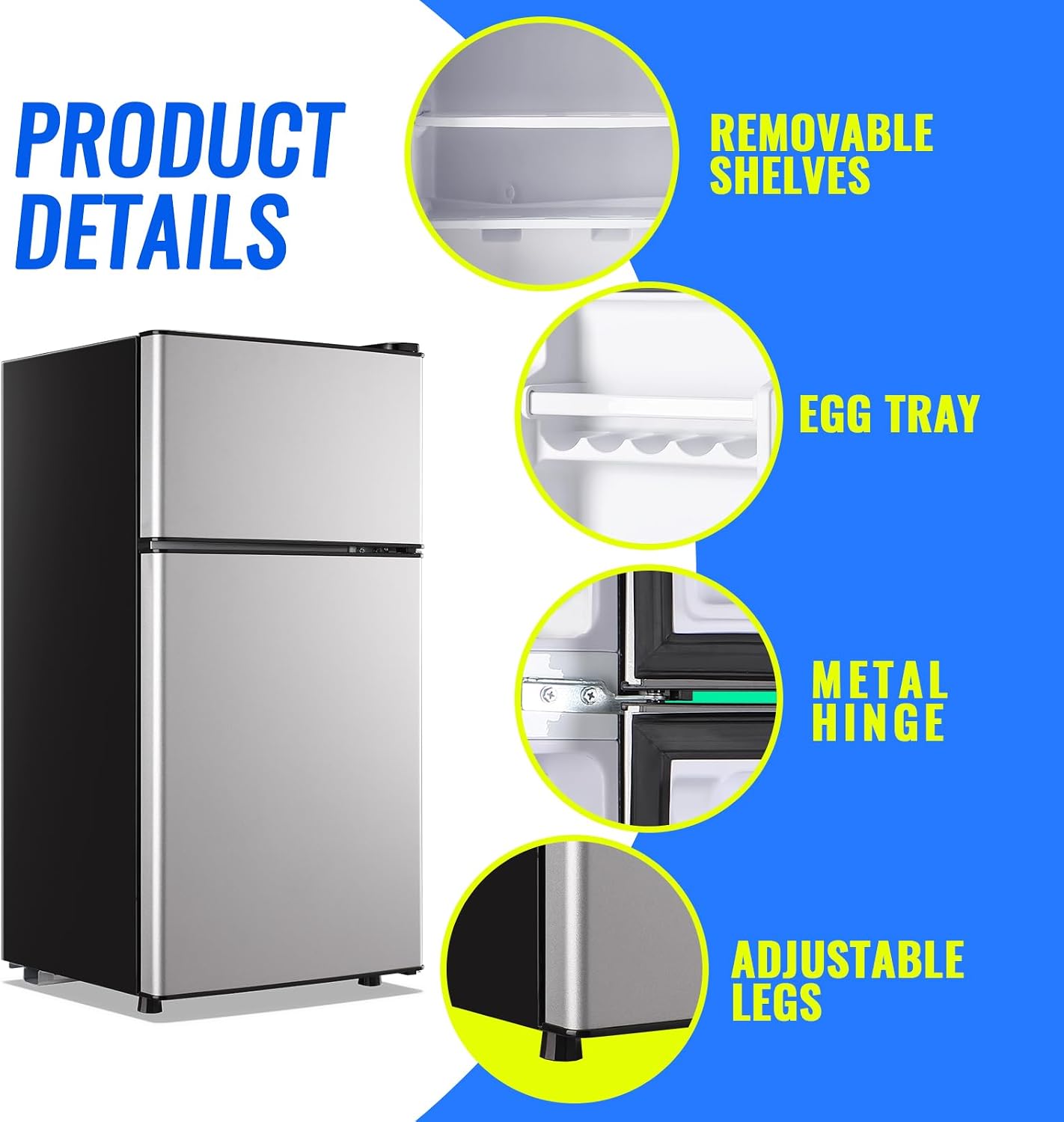 Small Fridge with Freezer Small Refrigerator 2.4 Cu.ft Fridge Dual Door Apartment Size for Personal Senven Temp Gear Silver