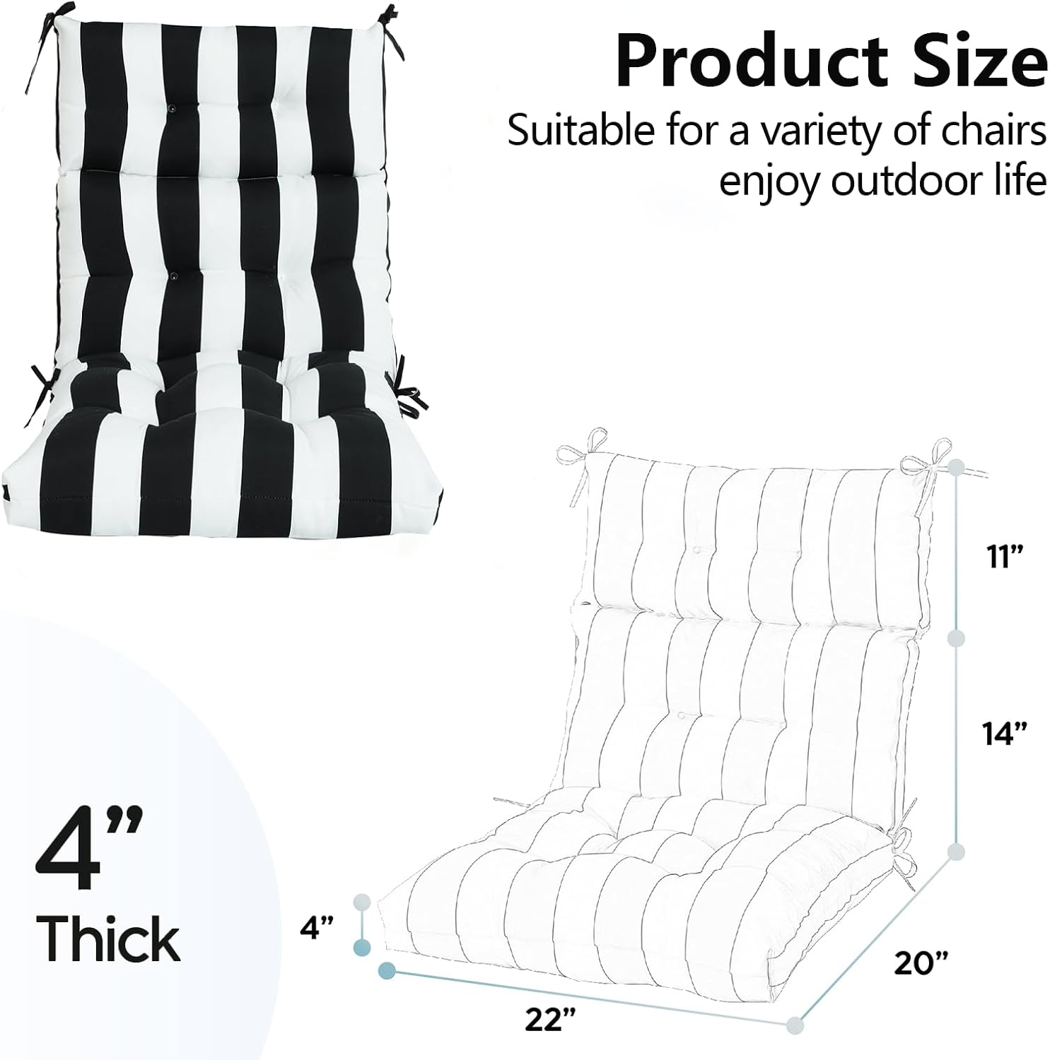 High Back Chair Cushions Set of 2, Adirondack Chair Cushion with Waterproof, Rocking Chair Cushion for Outdoor Patio, Garden Porch 45'x 22'x 4 (2, Black and White B)