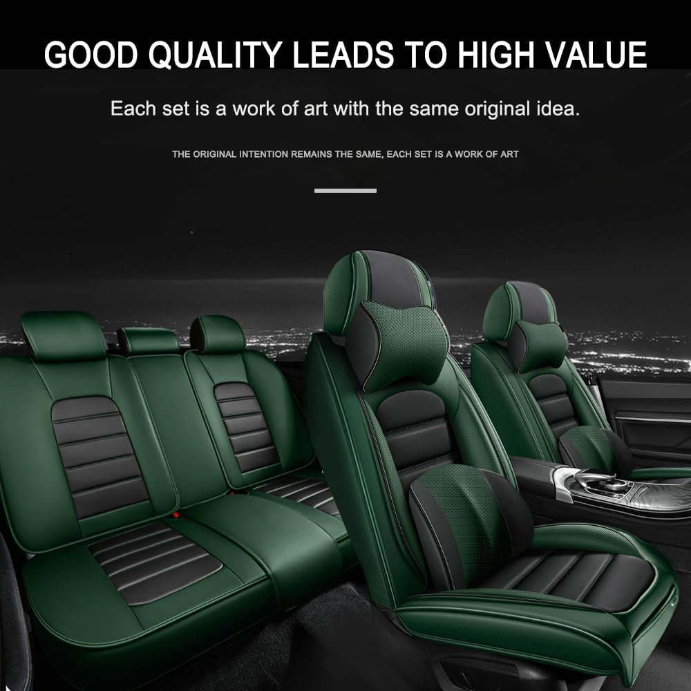 5 Seat Covers for Subaru Outback 2000-2024 Leather Car Seat Covers Waterproof Anti-Slip Soft Car Seat Protectors Comfort Automotive Seat Covers with Airbag（Luxury,Black+Green）