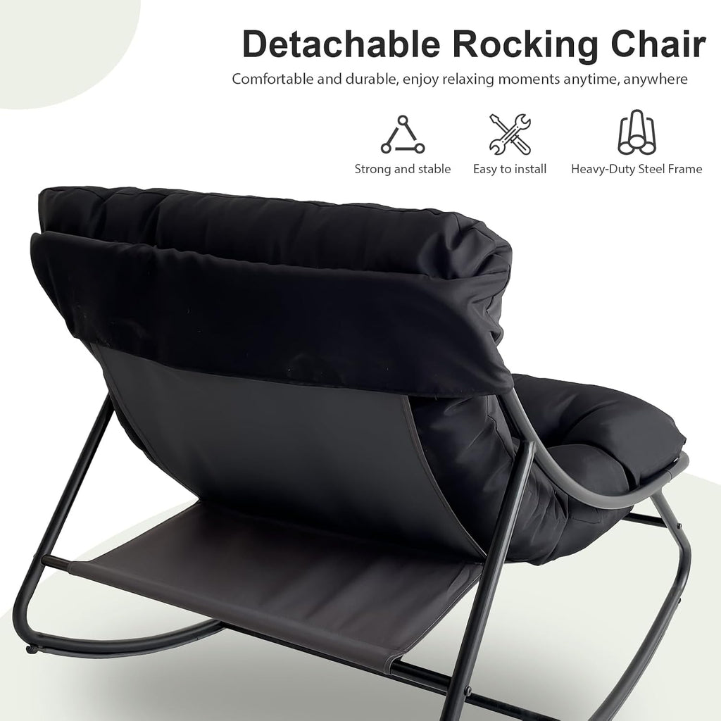 Patio Rocking Chair with Ottoman Outdoor & Indoor, Rocking Chairs Padded with Foot Rest, 330lbs Capacity, Metal Outdoor Rocker for Garden, Deck, Living Room, Bedroom, Balcony (Black)