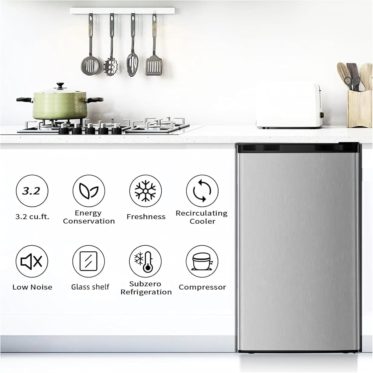 Antarctic Star Mini Compact Refrigerator with Freezer, 3.2 Cu.Ft. Single Door with Adjustable Thermostat,Removable Glass Shelves for Apartment/Dorm/Office,Silver