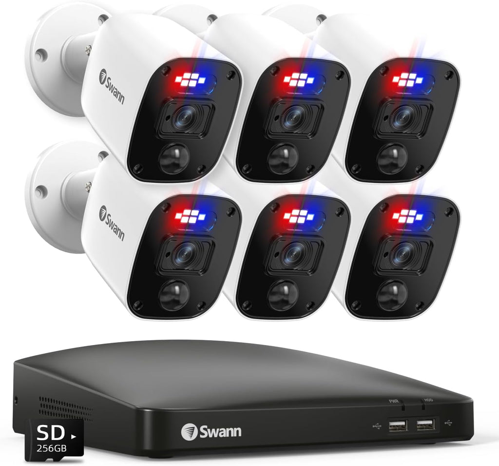 Swann Home Security Camera System,6 Cams H.265 Wired with Person Vehicle Detection, 2k 8CH Surveillance DVR Kit-Deterrent Red & Blue Lights, Color Night Vision,24/7 Recording,8468562KMQB