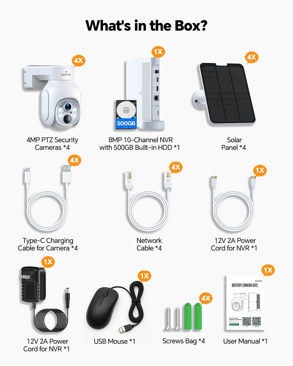 Solar Security Cameras Wireless Outdoor,2K Solar Cameras for Home Security, Wireless Security Camera System with 360° Pan & Tilt, Color Night Vision, 500GB HDD NVR, No Subscription, 2.4G & 5G WiFi
