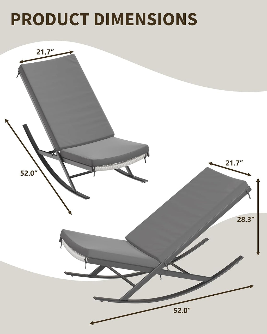 Rocking Chair Outdoor Set of 2 Patio Chairs Rocking Chairs Outdoor Lounge Rattan Chair for Outside Lawn with Cushions for Front Porch, Garden, Backyard, Lawn, Patio,Grey