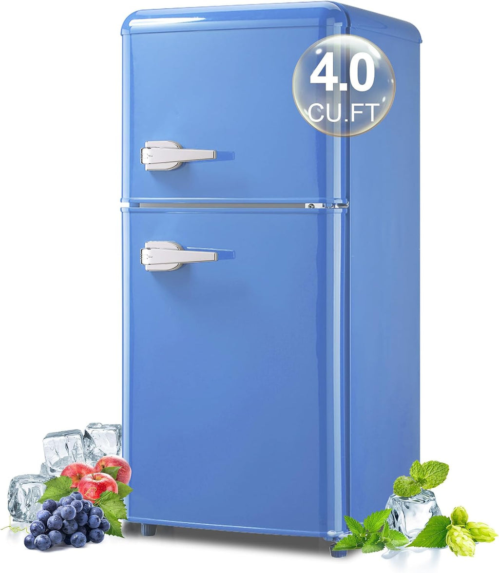 Retro Mini Fridge with Freezer 4.0 Cu. Ft, Small Refrigerator with 7 Level Adjustable Thermostat, Compact Classic Dual Door Fridge Removable Glass Shelves for Apartments, Dorm, Office, Blue