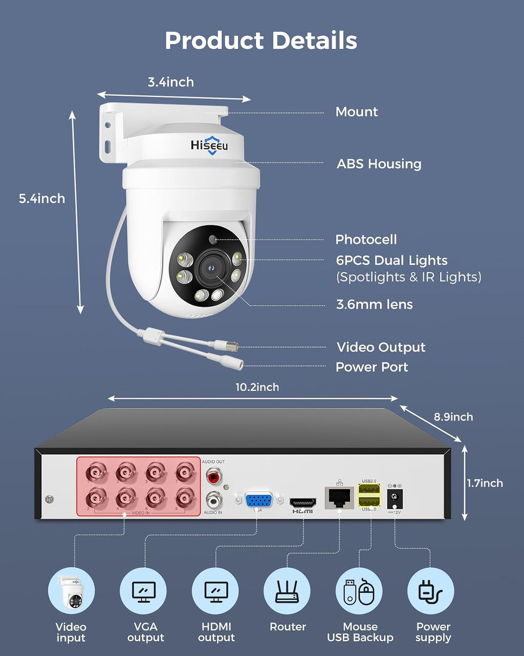 Hiseeu 3K PTZ Wired Security Camera System Outdoor with Color Night Vision,Audio,8 x 5MP IP67 CCTV Cameras,5MP DVR 8CH,1TB HDD,360°Coverage,Person/Vehicle Detection,Alarm Spotlight,24/7 Recording
