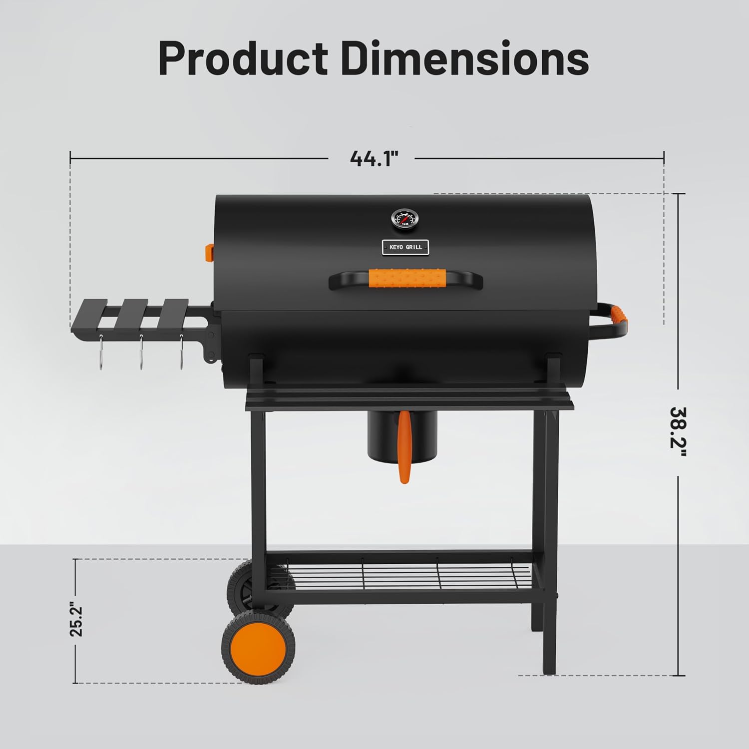 KEYO GRILL 29-Inch Barrel Charcoal Grill, Heavy duty BBQ Grill with Manual Rotisserie Meat Fork, Detachable Windproof Ash Collector Barbecue Smoker Grill Combo for Backyard, Patio and Parties