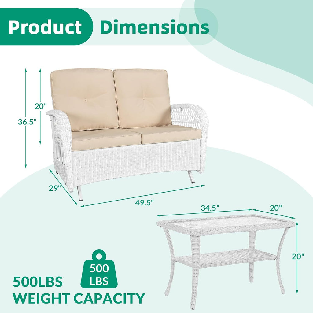 VIVIJASON 2-Piece Patio White Wicker Loveseat Glider Set Cushioned, Outdoor Conversation Furniture Sets W/ 2-Seater Glider Rocking Bench, Coffee Table and Cushions for Porch Garden Poolside, Beige