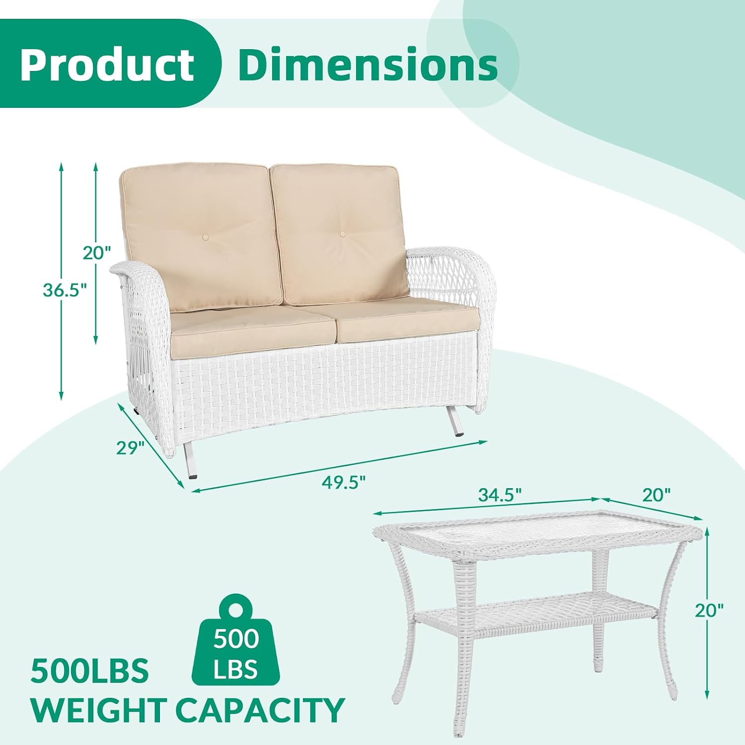 VIVIJASON 2-Piece Patio White Wicker Loveseat Glider Set Cushioned, Outdoor Conversation Furniture Sets W/ 2-Seater Glider Rocking Bench, Coffee Table and Cushions for Porch Garden Poolside, Beige