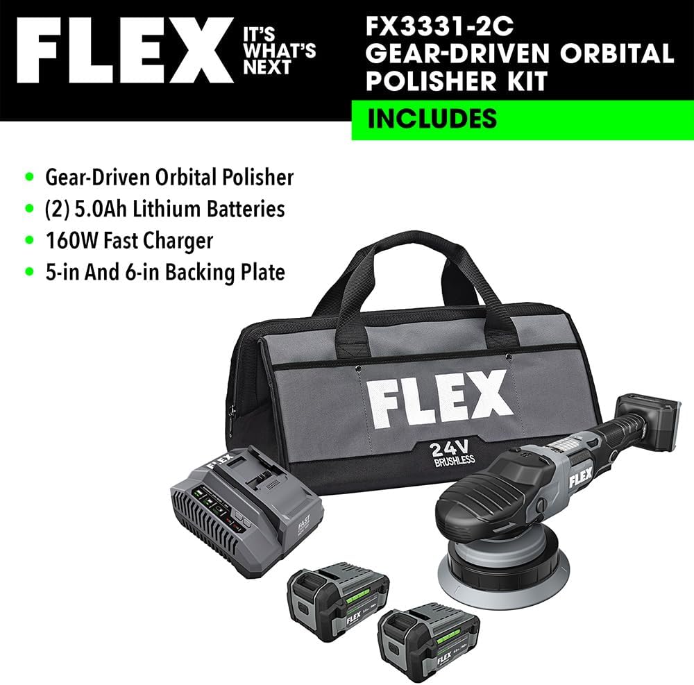 FLEX 24V Brushless Cordless Forced Random Orbital Polisher Kit, Variable Speed, 6-Inch, Ideal for Detailing, Body Shop & Repair, w/ (2) 5.0Ah Lithium Batteries & 160W Fast Charger - FX3331-2C