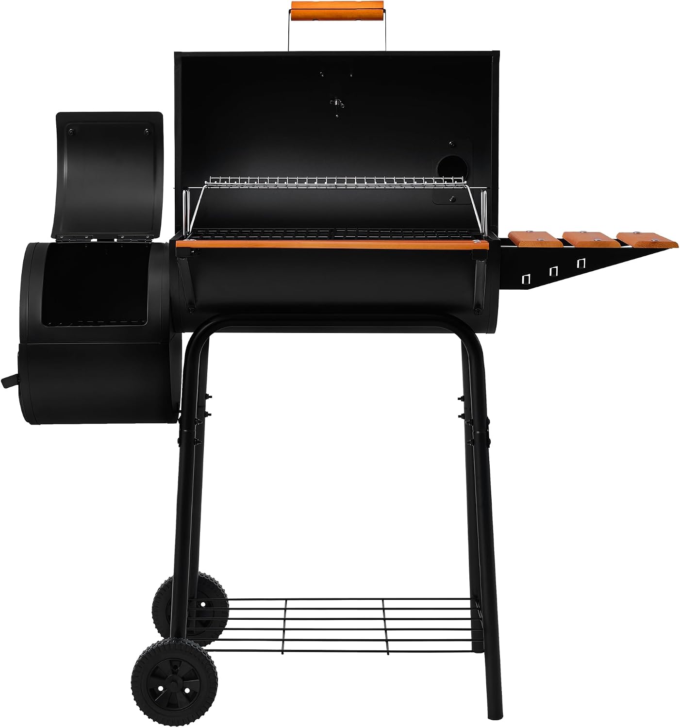 Royal Gourmet CC1624W Barrel Charcoal Grill with Offset Smoker, 552 Sq. In. Cooking Area, Wooden Front and Side Shelf with Hooks, Mesh Bottom Shelf, Charcoal Grill for Outdoor Grilling, Black