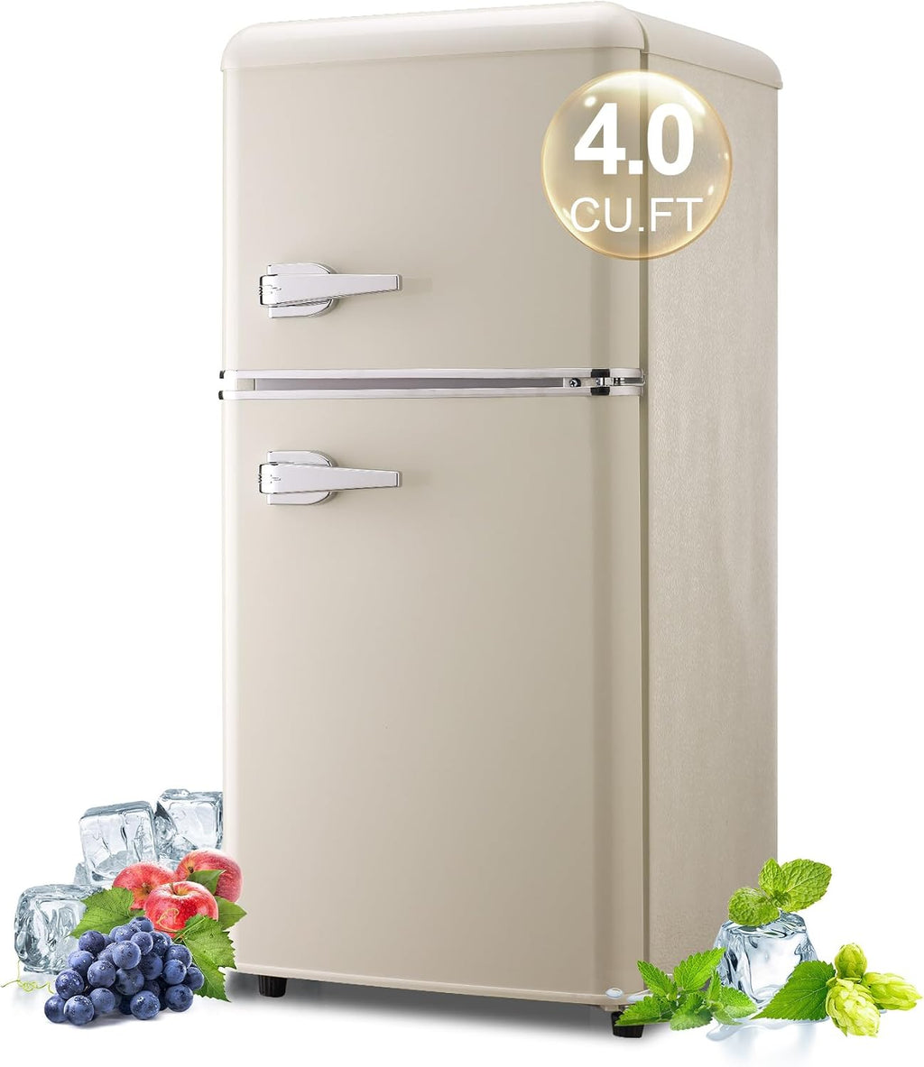 Retro Mini Fridge with Freezer 4.0 Cu. Ft, Small Refrigerator with 7 Level Adjustable Thermostat, Compact Classic Dual Door Fridge Removable Glass Shelves for Apartments, Dorm, Office, Cream